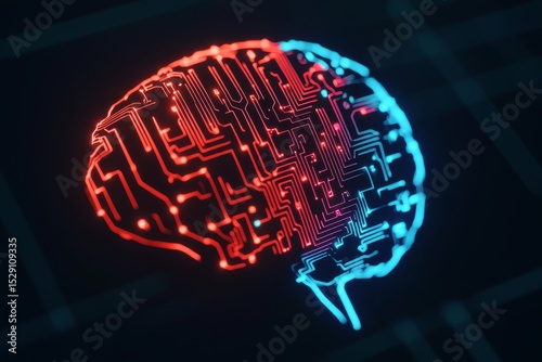A digital brain illustration with a circuit board pattern illuminated in red and blue on a dark background, symbolizing artificial intelligence and neural networks.