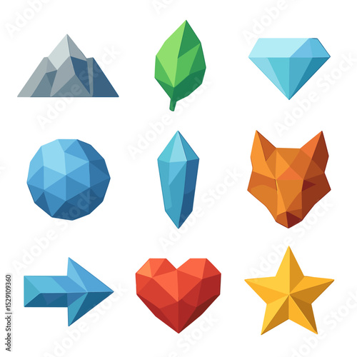 Faceted Icon Grid. Isometric Flat icon set of low poly style: faceted mountain, faceted leaf, faceted diamond, faceted sphere,