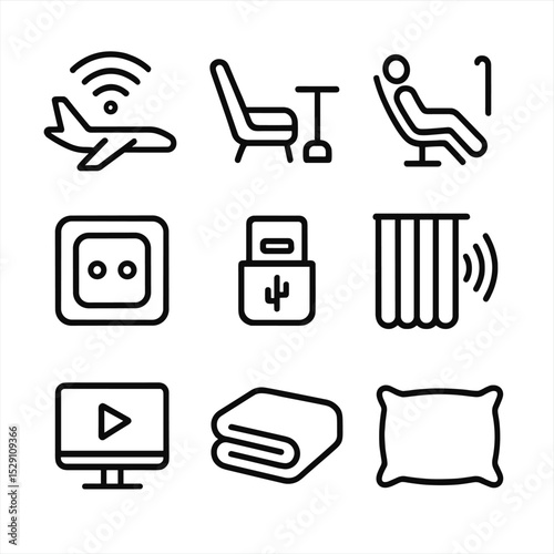 Connectivity Comfort Icons. Outline icon set of connectivity and comfort features: in-flight Wi-Fi, lounge access, seat recline
