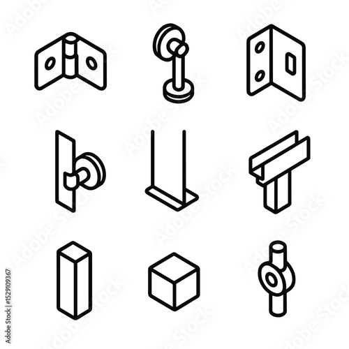 Connector Icon Set. Outline icon set of connector styles: hinge connector, pivot connector, L-bracket connector, glass-to-wall