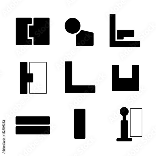 Connector Icon Set. Solid, Filled icon set of connector styles: hinge connector, pivot connector, L-bracket connector,