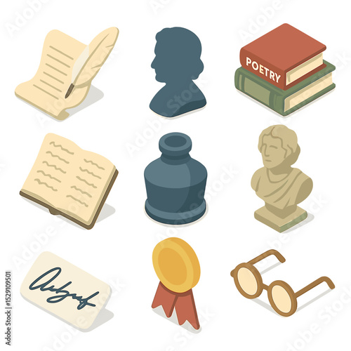 Famous Poets Icon Set. Isometric Flat icon set of Famous Poets: quill pen on parchment, poet’s portrait silhouette, poetry book