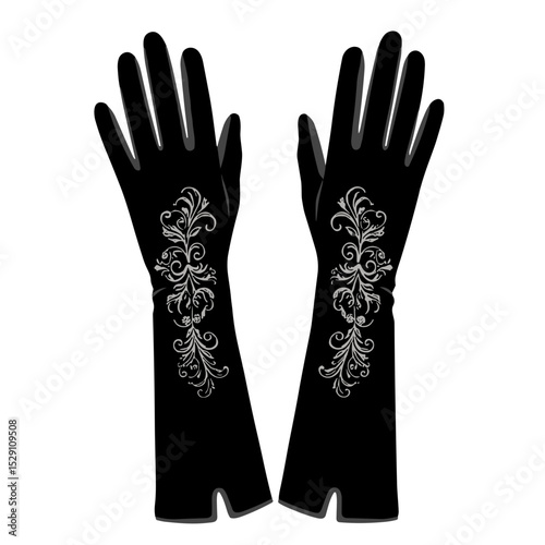 Long black gloves with silver embroidery  isolated  on transparent background  