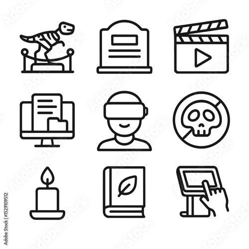 Conservation Memorial Icons. Outline icon set of conservation memorials: museum exhibit, memorial plaque, documentary film,