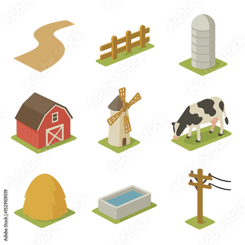 Isometric Farm Icon Set. Isometric Flat icon set of rural farm landscape: dirt road, wooden fence, silo tower, red barn, windmill,