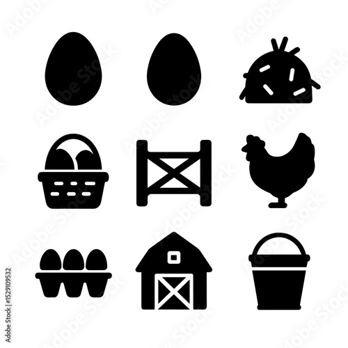 Farm Icon Set. Solid, Filled icon set of farm fresh egg baskets: brown egg, white egg, hay pile, wicker basket, farm gate, chicken