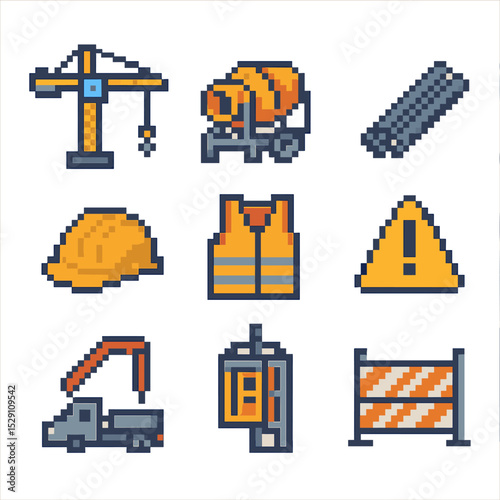 Construction Site Icons. Pixel art icon set of construction site elements: tower crane, cement mixer, rebar bundle, safety helmet,