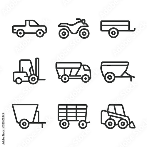 Farm Vehicle Icon Set. Outline icon set of farm vehicles: pickup truck, ATV, trailer, forklift, grain truck, manure spreader, feed