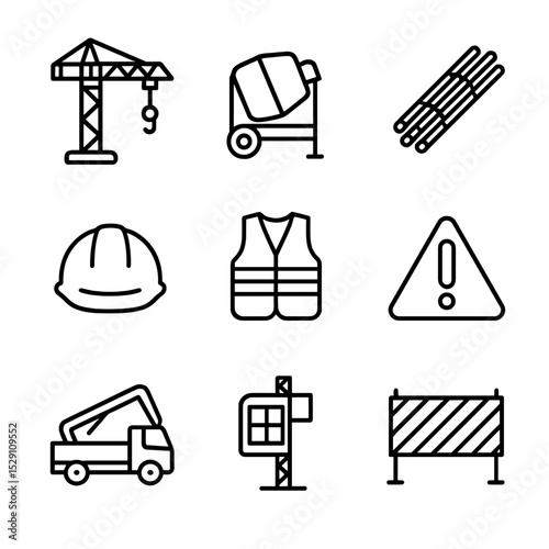 Construction Icon Set. Outline icon set of construction site elements: tower crane, cement mixer, rebar bundle, safety helmet,