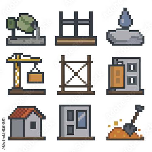 Construction Stage Icons. Pixel art icon set of construction stages: foundation pour, steel framework, concrete curing, crane lift