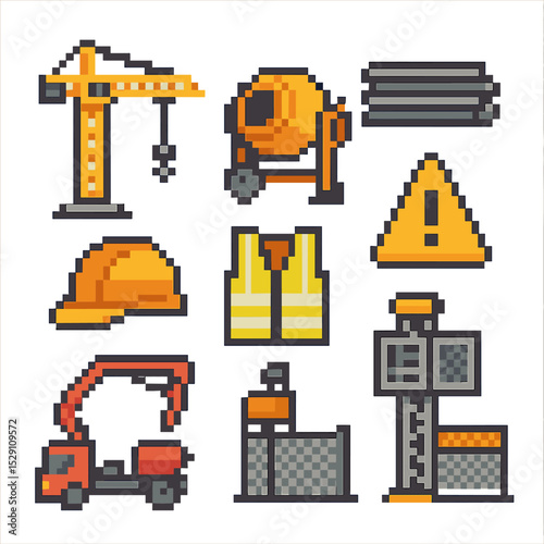 Construction Site Icons. Pixel art icon set of construction site elements: tower crane, cement mixer, rebar bundle, safety helmet,