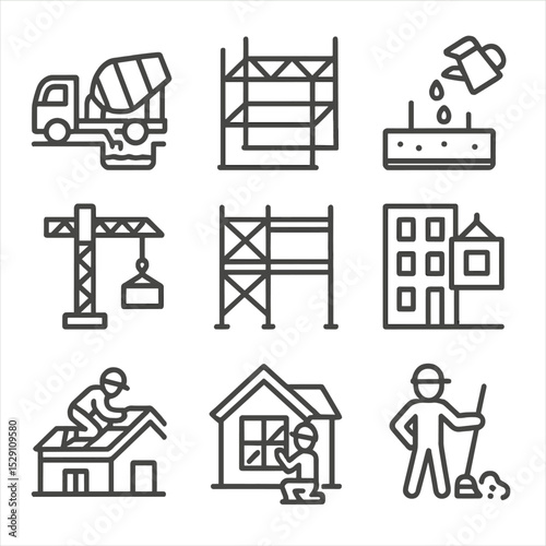 Construction Stages Icons. Outline icon set of construction stages: foundation pour, steel framework, concrete curing, crane lift,