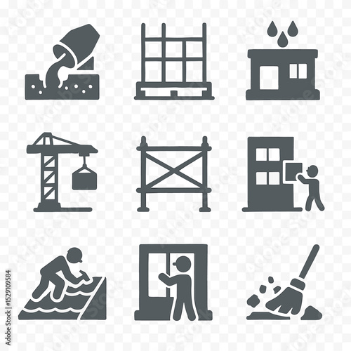 Construction Icon Stages. Flat icon set of construction stages: foundation pour, steel framework, concrete curing, crane lift,