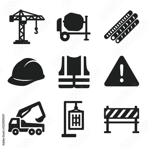 Construction Icons Grid. Solid, Filled icon set of construction site elements: tower crane, cement mixer, rebar bundle, safety
