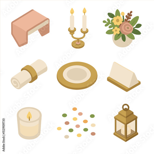 Festive Table Icon Set. Isometric Flat icon set of festive table settings: table runner, candlestick holder, floral centerpiece,