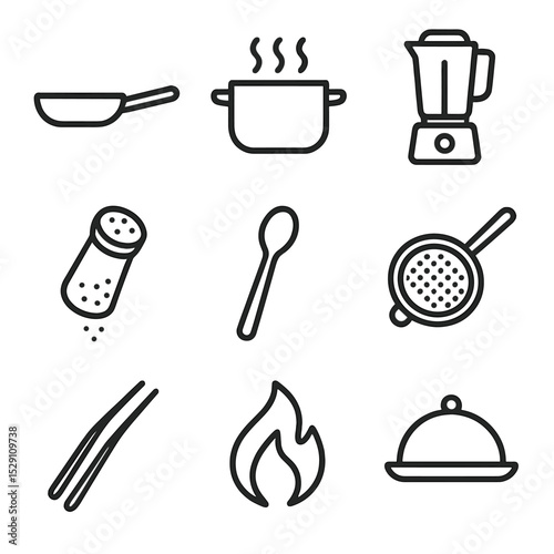 Cooking Technique Icons. Outline icon set of cooking techniques: sauté pan, simmering pot, blender, seasoning shaker, stirring