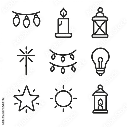 Festive Lighting Icons. Outline icon set of festive lighting: string lights, candle, lantern, sparkler, fairy lights, light bulb,
