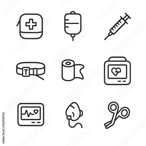 Field Medical Icons. Outline icon set of field medical equipment: first aid pouch, IV bag, syringe, tourniquet, hemostatic gauze,