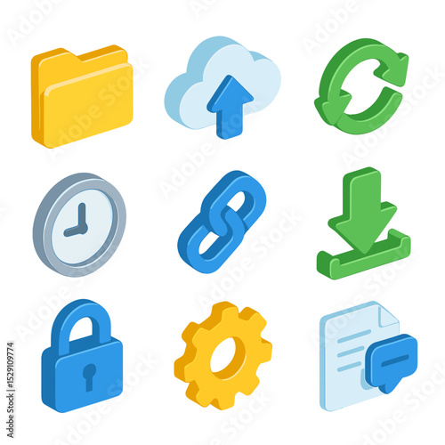 File Collaboration Icons. Isometric Flat icon set of file collaboration services: folder icon, cloud upload arrow, sync circular
