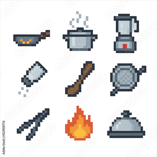 Cooking Techniques Icons. Pixel art icon set of cooking techniques: sauté pan, simmering pot, blender, seasoning shaker, stirring
