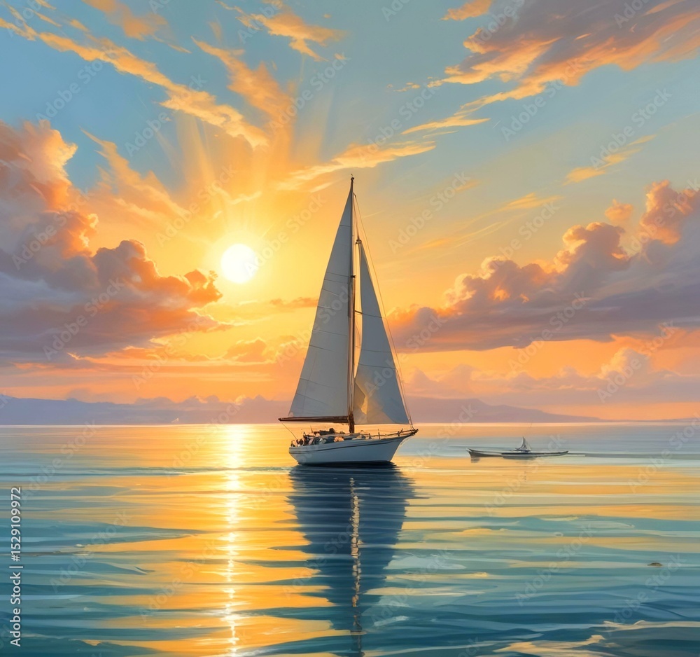 Fototapeta premium Illustration of sailboat yaht in calm ocean with island and sunrise.