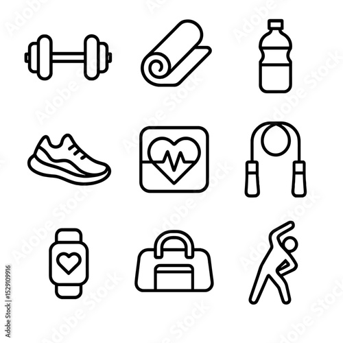 Fitness Icon Set. Outline icon set of physical health and fitness: dumbbell, yoga mat, water bottle, running shoe, heart rate