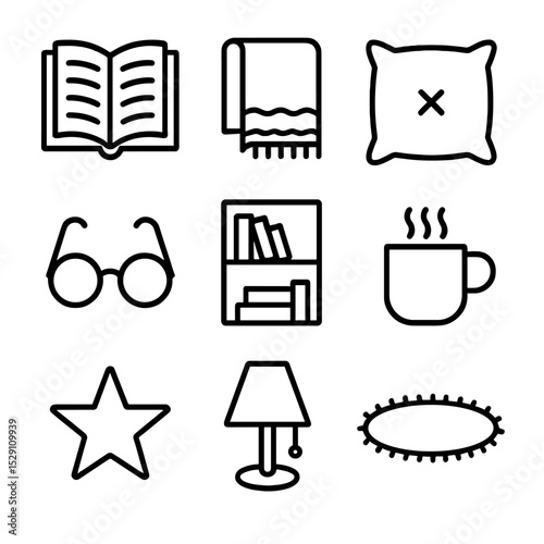 Cozy Reading Icons. Outline icon set of cozy reading nook: open book, blanket, reading glasses, cushion, bookshelf, mug, lamp,