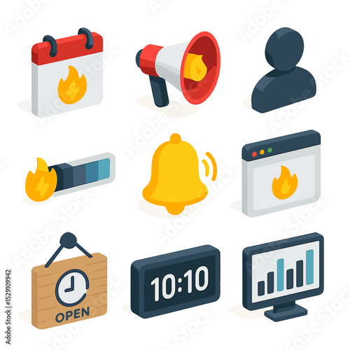 Flash Sale Event Icons. Isometric Flat icon set of flash sale event management: event calendar page, flash sale megaphone, staff