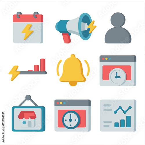Flash Sale Event Icons. Isometric Flat icon set of flash sale event management: event calendar page, flash sale megaphone, staff