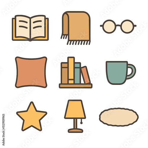 Cozy Reading Icons. Flat icon set of cozy reading nook: open book, blanket, reading glasses, cushion, bookshelf, mug, lamp, star