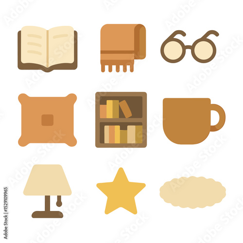 Cozy Reading Icons. Flat icon set of cozy reading nook: open book, blanket, reading glasses, cushion, bookshelf, mug, lamp, star