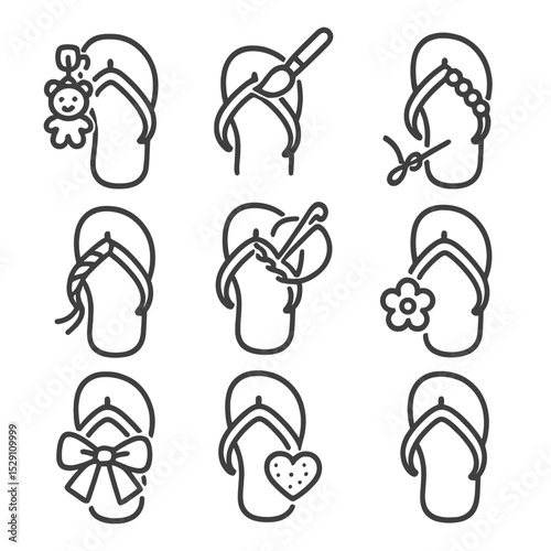 Flip-Flop Icons Set. Outline icon set of flip-flop customization: charm clip, strap paint, decorative bead, rhinestone, fabric