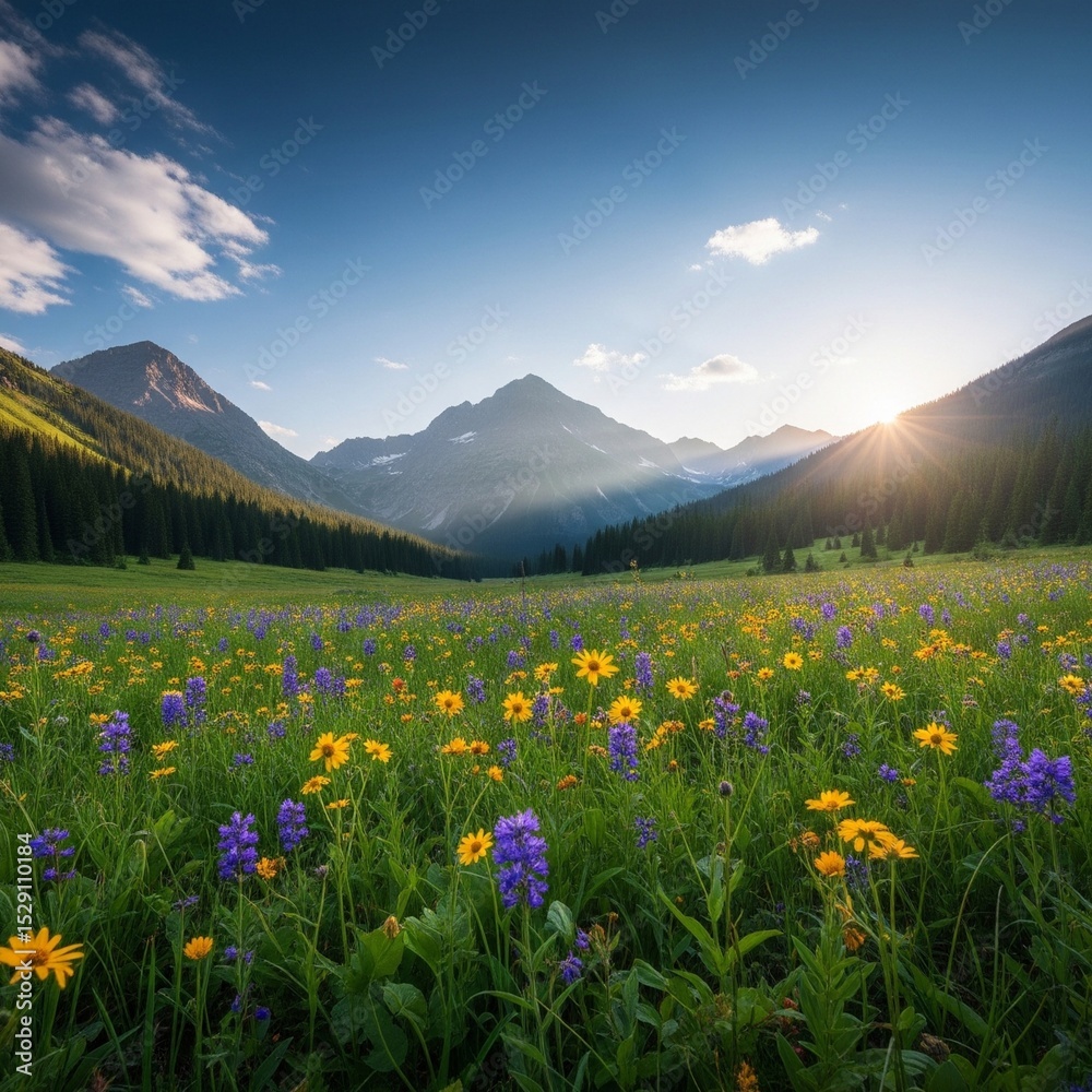 Obraz premium Breathtaking Nature Scene: Wildflowers, Mountains, and Blue Sky A stunning, high-resolution photograph capturing the beauty of a vibrant meadow dotted with colorful wildflowers.