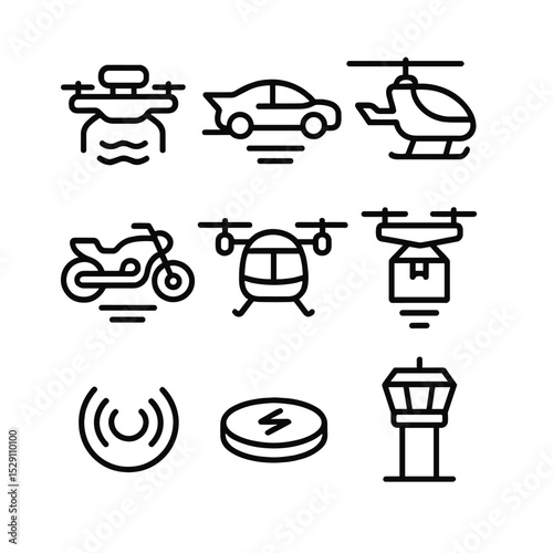 Flying Vehicles Icon Set. Outline icon set of flying vehicles fleet: autonomous drone, flying car, air taxi, hover motorcycle,