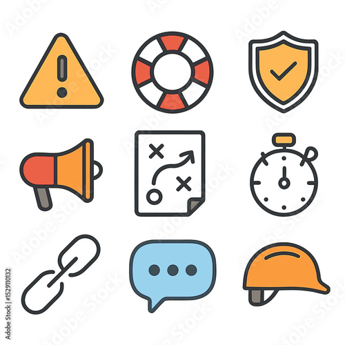Crisis Management Icons. Flat icon set of crisis management: warning sign, lifebuoy, shield, megaphone, strategy plan, stopwatch,