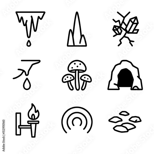 Crystal Cavern Icons. Outline icon set of crystal cavern environment: stalactite, stalagmite, mineral vein, dripping water,