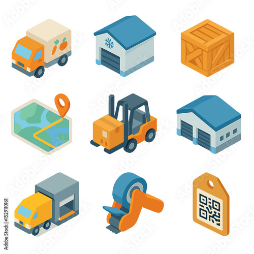 Food Logistics Icons. Isometric Flat icon set of Food Distribution Logistics: delivery truck, cold storage warehouse, packing