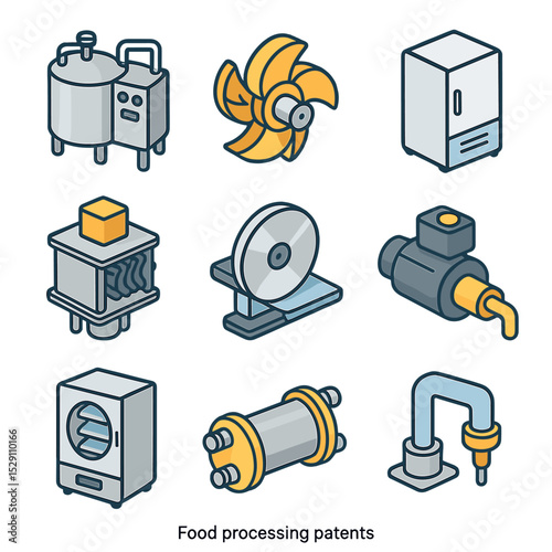 Food Processing Icons. Isometric Flat icon set of food processing patents: pasteurization unit, homogenizer rotor, ultra-cold