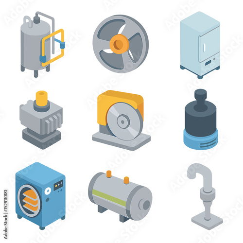 Food Processing Icons. Isometric Flat icon set of food processing patents: pasteurization unit, homogenizer rotor, ultra-cold