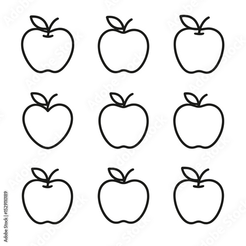 Crisp Apple Icons. Outline icon set of crisp apple varieties: honeycrisp, gala, fuji, pink lady, golden delicious, granny smith,