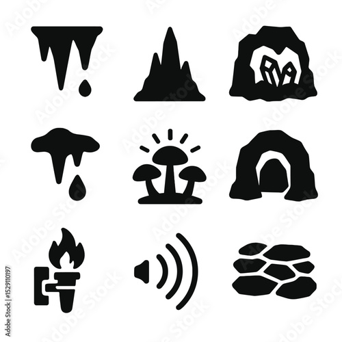 Crystal Cavern Icons. Solid, Filled icon set of crystal cavern environment: stalactite, stalagmite, mineral vein, dripping water,