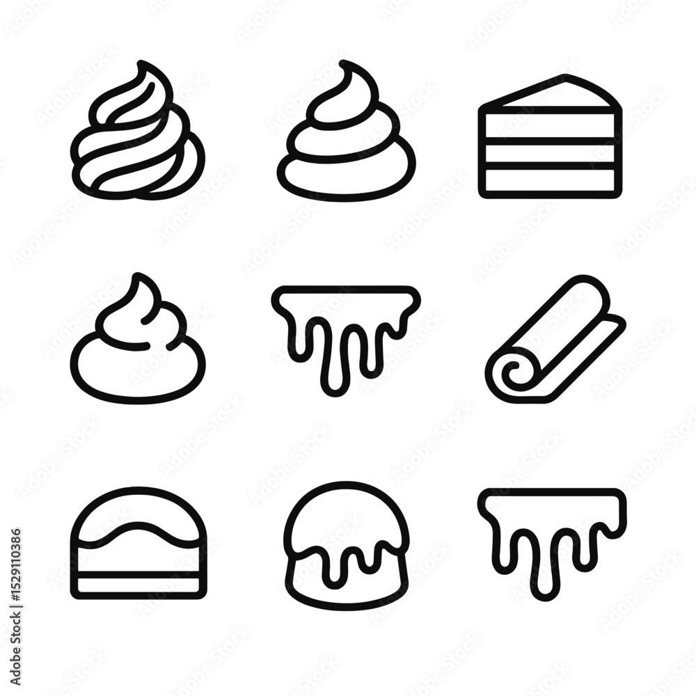 Frosting Icon Collection. Outline icon set of frosting varieties: buttercream swirl, chocolate ganache, cream cheese layer, Frosting Icon Collection. Outline icon set of frosting varieties: buttercream swirl, chocolate ganache, cream cheese layer,