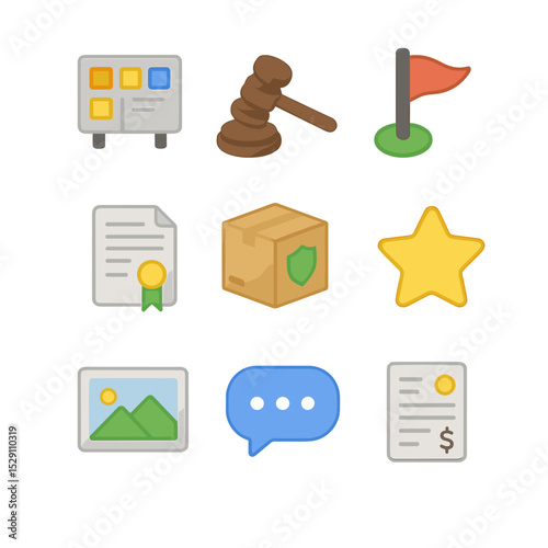 Freelance Marketplace Icons. Isometric Flat icon set of freelance marketplace features: project board, bidding gavel, milestone