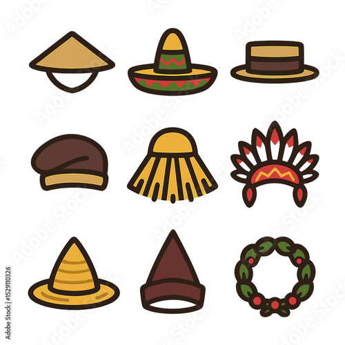 Cultural Scarecrow Hats Grid. Flat icon set of cultural scarecrow hats: Japanese kasa, Mexican sombrero, English straw boater,