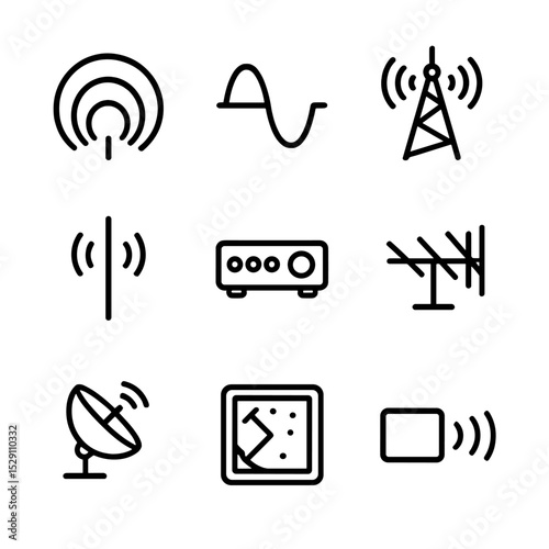 Frequency Band Icons. Outline icon set of frequency bands: VLF wave, LF signal, MF broadcast, HF transmission, VHF tuner, UHF
