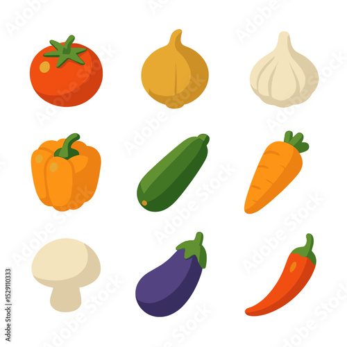 Fresh Ingredients Icons. Isometric Flat icon set of fresh cooking ingredients: tomato, onion, garlic, bell pepper, zucchini,