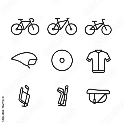 Cycling Icon Set. Outline icon set of cycling sports: road bike, mountain bike, BMX bike, cyclocross bike, time trial helmet, disc