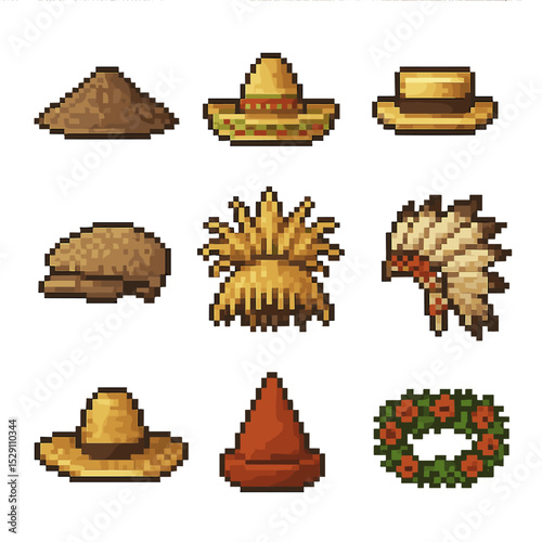 Cultural Scarecrow Hats. Pixel art icon set of cultural scarecrow hats: Japanese kasa, Mexican sombrero, English straw boater,