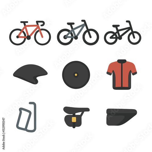 Cycling Icons Grid. Flat icon set of cycling sports: road bike, mountain bike, BMX bike, cyclocross bike, time trial helmet, disc