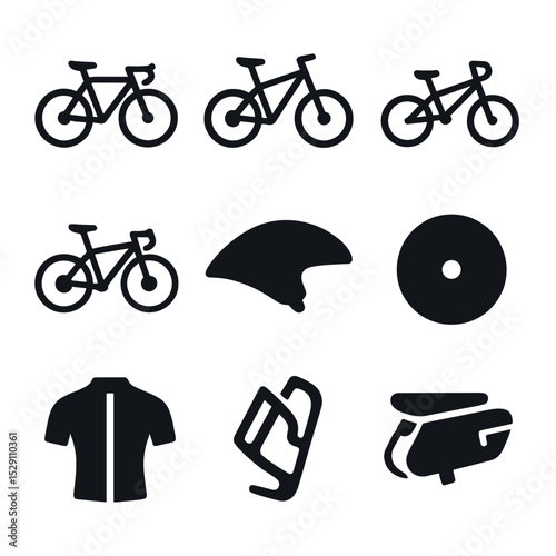 Cycling Icon Grid. Solid, Filled icon set of cycling sports: road bike, mountain bike, BMX bike, cyclocross bike, time trial
